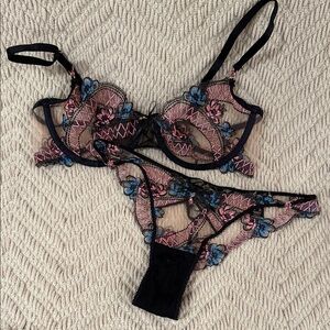 Honey Birdette Black Blue and Pink Floral Lace Bra Set